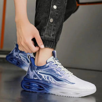 Men's sneakers with a flame-design in blue and white colors, featuring a sporty and trendy look.