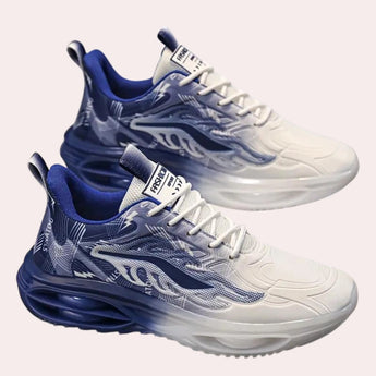 Men's sneakers featuring a futuristic flame design in blue and white, showcasing a trendy athletic style with electric blue accents, suitable for sportswear and casual wear.