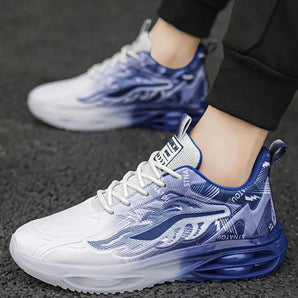 Flame-design blue and white men's sneakers with a futuristic look, featuring a mix of electric blue and grey accents, designed for sportswear and walking.