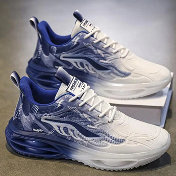 Flame-Design Blue White Men's Sneakers with an electric blue and white color scheme, featuring a futuristic and trendy style, suitable for athletics and casual wear.