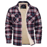 Men's red flannel Sherpa jacket in plaid design, insulated for winter wear, size 2XL with collar and long sleeves.