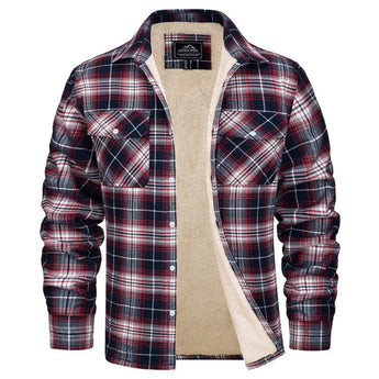 Men's red flannel Sherpa jacket in plaid design, insulated for winter wear, size 2XL with collar and long sleeves.