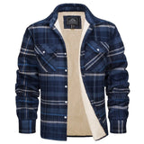 Men's insulated flannel Sherpa jacket in blue-gray plaid pattern, size 2XL, featuring long sleeves, a collar, and a button-up front.