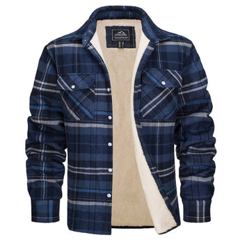 Men's insulated flannel Sherpa jacket in blue-gray plaid pattern, size 2XL, featuring long sleeves, a collar, and a button-up front.