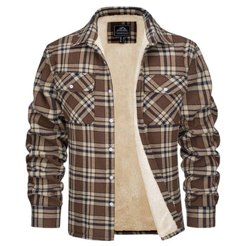 Men's insulated flannel Sherpa jacket in Braun color, size 2XL, featuring a grey and white plaid pattern, long sleeves, and a warm inner lining.