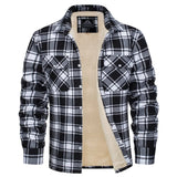 Men's insulated flannel sherpa jacket in black with a plaid pattern, featuring long sleeves, a collar, and cozy lining, size 2XL.