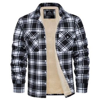 Men's insulated flannel sherpa jacket in black with a plaid pattern, featuring long sleeves, a collar, and cozy lining, size 2XL.