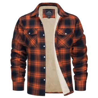 Men's insulated orange plaid flannel Sherpa jacket, size 2XL, featuring long sleeves and tartan pattern.