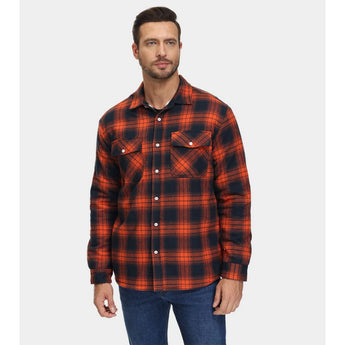 Men's insulated flannel Sherpa jacket in grey plaid pattern with a collar and long sleeves, worn by a bearded model.