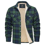 Men's insulated flannel Sherpa jacket in green plaid, size 2XL, featuring a collar, long sleeves, and thick textile suitable for winter workwear.