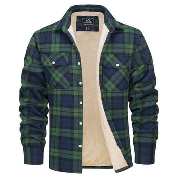 Men's insulated flannel Sherpa jacket in green plaid, size 2XL, featuring a collar, long sleeves, and thick textile suitable for winter workwear.