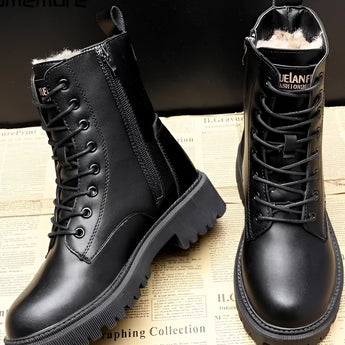 Fleece-lined black leather combat boots featuring a thermal interior and non-slip sole, designed for durability and comfort.