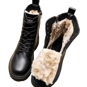 Black leather combat boots with fleece lining, featuring a thermal interior and non-slip synthetic rubber sole, designed for outdoor use and fashion appeal.