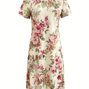 A cream-colored floral A-line dress for women, featuring short sleeves and a knee-length hem, designed for casual wear.