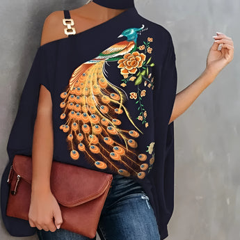 A floral asymmetric one-shoulder blouse in dark blue with white patterns, designed as evening wear, shown with a focus on the shoulder and neckline details.