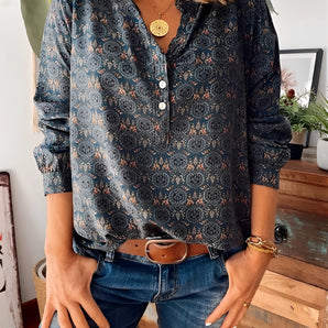 Floral Boho Chic Women's Blouse with long sleeves and a mandarin collar, shown paired with denim jeans.