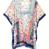 Woman wearing a lightweight floral boho kimono cardigan with short sleeves and an open front, styled as a summer cover-up.