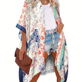 Woman wearing a Floral Boho Kimono Cardigan, paired with jeans, standing outdoors near plants.