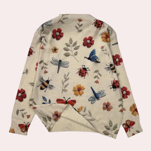 Floral and butterfly embroidered women's crew neck sweater with intricate detailing, featuring long sleeves and a comfortable fit.
