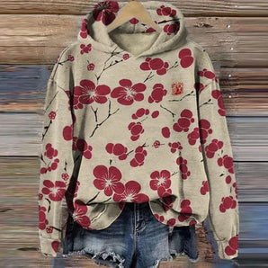 Floral Cherry Blossom Women's Hoodie in red, size 3XL, featuring an Asian-inspired design with cherry blossom print on the fabric. The hoodie showcases a cozy fit with long sleeves and a comfortable neckline.