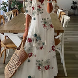 White Floral Chiffon Maxi Dress in 3XL, lightweight with V-neck, short sleeves, and a fitted waist, ideal for summer wear.