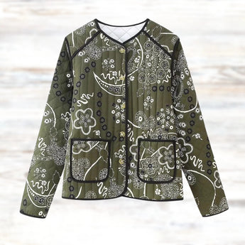 Floral embroidered bohemian paisley jacket for women in green, size XL, featuring a stylish collar, long sleeves, and intricate floral patterns, perfect for spring outerwear.