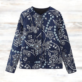 Floral embroidered bohemian paisley jacket for women in electric blue, featuring a pattern design. The jacket has long sleeves and a collar, suitable for spring outerwear in size XL.