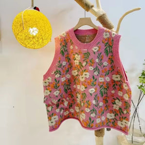 Floral Embroidered Knit Vest - Women's Pink Sleeveless Sweater