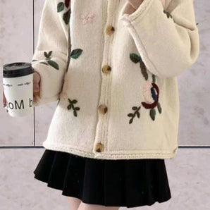 Floral Embroidered Women's Ivory Cardigan - Cozy Winter Wear