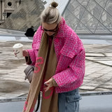 Floral Embroidery Pink Tweed Jacket featuring a chic tartan pattern, long sleeves, and luxurious magenta textile, perfect for women's fashion.