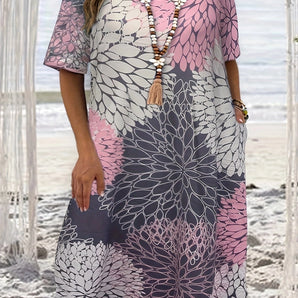 Floral Gradient V-Neck Beach Tunic Dress in Pink and Gray Ombre featuring a flowing design with a V-neckline, long sleeves, and a stylish ombre pattern from pink to gray.