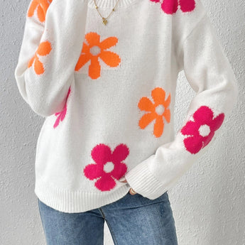 White floral knit sweater for women in XL size, featuring a cozy and vibrant design perfect for autumn and winter fashion. The sweater showcases intricate floral patterns with subtle hints of pink and red, offering a stylish and comfortable outerwear option.