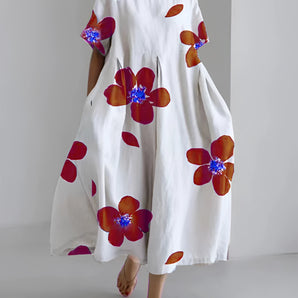 Red Floral Maxi Dress in 5XL size featuring an oversized print with a unique contemporary design; showcases shoulder and neck details with long sleeves.