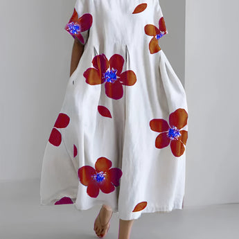 Red Floral Maxi Dress in 5XL size featuring an oversized print with a unique contemporary design; showcases shoulder and neck details with long sleeves.