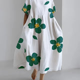 Green floral maxi dress with an oversized contemporary print in size 5XL, featuring long sleeves and a flowing silhouette.