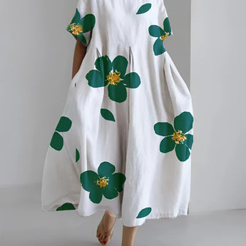 Green floral maxi dress with an oversized contemporary print in size 5XL, featuring long sleeves and a flowing silhouette.