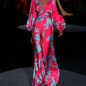 Pink and blue floral maxi wrap dress in size 3XL featuring a V-neckline, long sleeves, and a fitted waist, suitable for formal and daytime wear.