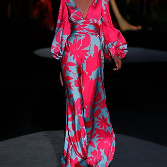 Pink and blue floral maxi wrap dress in size 3XL featuring a V-neckline, long sleeves, and a fitted waist, suitable for formal and daytime wear.