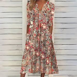 Beige floral midi dress in a boho chic style, featuring long sleeves, a tie-waist, and a vintage-inspired design in a 3XL size.