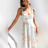Floral midi dress with pastel garden party theme, featuring short sleeves, a fitted waist, and a knee-length skirt.
