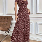 Brown Floral Midi Dress with Short Sleeves and Fitted Waist, perfect for Casual Summer Wear.