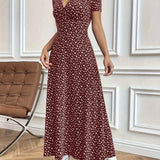 Brown floral midi dress with short sleeves, fitted waist, and a casual summer style, showcased in a red variant in size large.