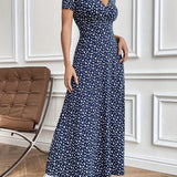Brown floral midi dress with short sleeves and a fitted waist, designed for casual summer wear.