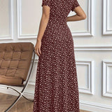 Brown floral midi dress with short sleeves and a fitted waist, ideal for summer casual wear.