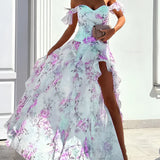 Elegant floral off-shoulder high-low dress in a purple hue, featuring a fitted bodice, flowing skirt, and soft neckline, ideal for summer weddings.