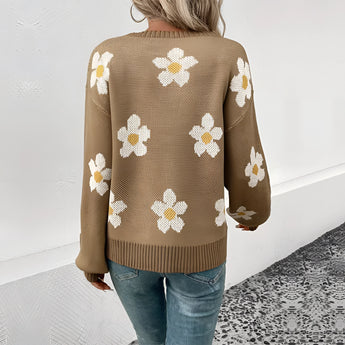 Floral oversized brown crewneck sweater featuring a daisy spring knitwear design with long sleeves and a comfortable, casual fit.