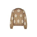 Floral oversized brown crewneck sweater featuring a daisy spring knitwear pattern.