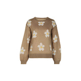 Floral oversized brown crewneck sweater featuring a daisy spring knit pattern, with long sleeves and a relaxed fit.