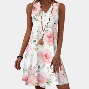 Pink floral sleeveless V-neck A-line summer dress in size 3XL with a flattering waistline design.