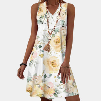 Yellow floral V-neck sleeveless A-line summer dress in size 3XL displayed on a white background.